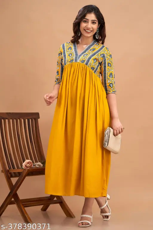 Mustard rayon flared kurta for women, three-quarter sleeves, trendy design, Indian origin
