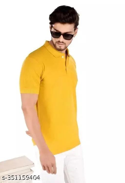 Men's yellow cotton blend polo t-shirts, short sleeves, solid pattern