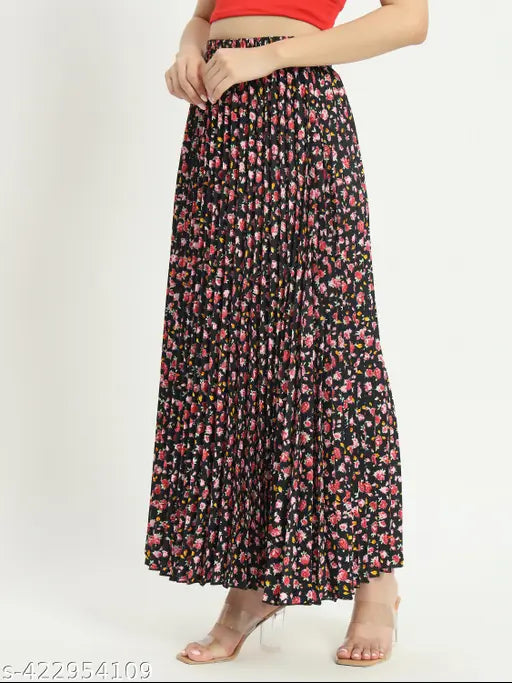 Floral print crepe long skirt, versatile women's elastic waist pleated A-line skirt for all occasions. Sizes: 26-38 (In)