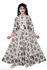Silk printed net girls party wear full length gown dresses with three-quarter sleeves, ideal for cute girls aged 3-11 years