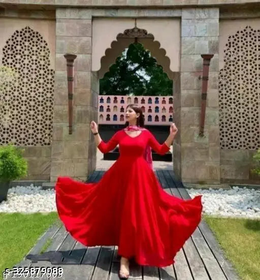 Red Rayon Anarkali Duptta Set, solid patterned long kurti and dupatta set for women