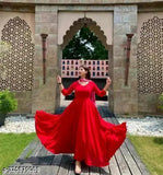 Red Rayon Anarkali Duptta Set, solid patterned long kurti and dupatta set for women