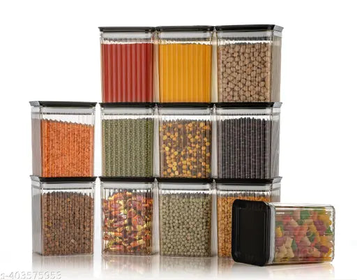 Transparent plastic dry fruit jars, airtight lids, pack of 12 - ideal for kitchen storage