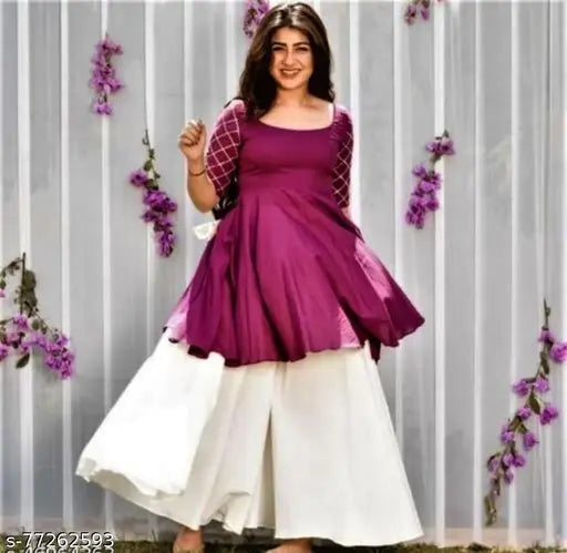 Rayon short kurti with sharara palazzos, solid net, three-quarter sleeves - Indian women's fashion