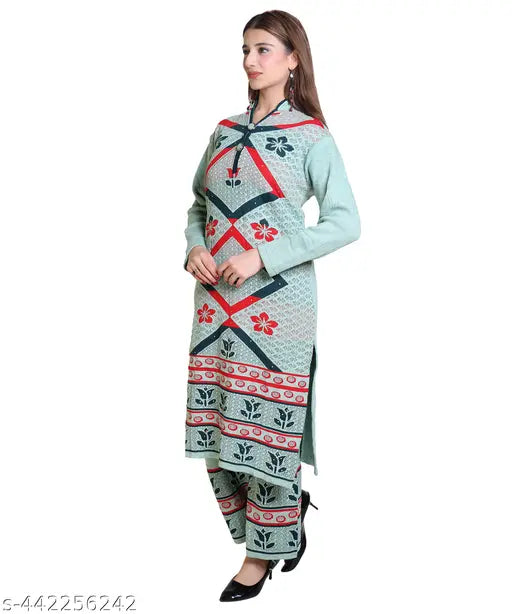 Woolen warm ladies suit set in printed net, three-quarter sleeve palazzos with kurta for winter fashion