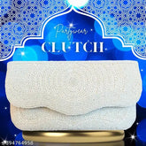 White pearl embroidered net fabric clutch, featuring two compartments and a metallic zip opening. Ideal for festive, party, or bridal occasions. Handmade with real life shining attractive white beads and embellishments. Free size (Length Size: 9 in, Width Size: 5 in). Premium clutch designed for women