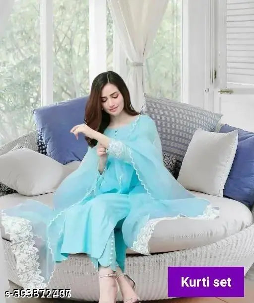 Cotton blend solid kurta set with dupatta and bottomwear, three-quarter sleeves, Indian handcrafted traditional wear for women