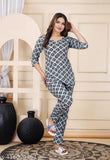 Women's rayon printed night suit top and pyjama coord set, three-quarter sleeves, comfortable loungewear sets for a cozy night. Made in India