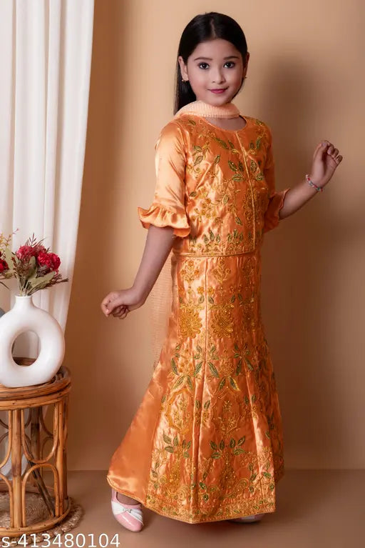 Modern satin lehanga choli set, embroidered with ruffles and sequins, 100% quality fabric. Girls party wear ethnic fashion from India