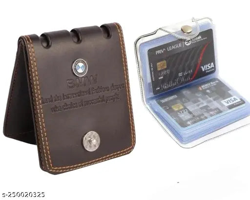 Leather BMW Men's wallet + card holder combo, printed net design, 5 compartments, free size (10cm x 12cm), India origin