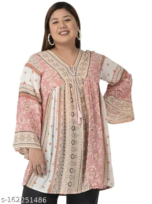 Veldress pink rayon crepe plus size striped top, full sleeve v-neck, made in India