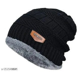 Textured wool beanie caps, warm fur interior (black & blue), winter hat for men & women