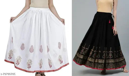 Designer Fashionista Women's rayon Western skirts, one white and one black with Jaipuri gold printed long full-length skirt, ideal for weddings and parties. Available in various sizes up to a waist size of 38 inches and free size (waist: 36in, length: 40in). Made in India