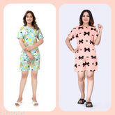 Premium polycotton night suit set for women, digital printed with half sleeves and shorts. Includes two piece combo with elastic and side pockets, suitable for all women