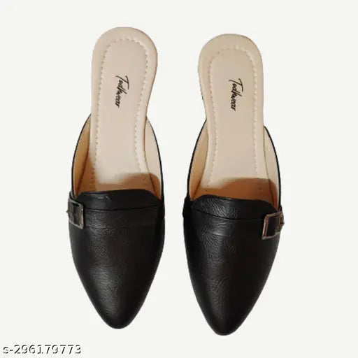 Black PU buckle sandal, fashionable women's mule slip-on with buckle detail, suitable for office wear and events