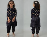 Gold printed Rayon kurta dhoti jacket style for girls, navy blue with three-quarter sleeves. Indian ethnic wear for 4-14 years