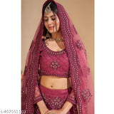 Dark pink embroidered net Lehenga with duppata for women, semi-stitched (42in/42in/2.5in)