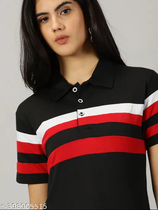 Black cotton blend striped half sleeve polo t-shirt for women, ideal for casual outfits