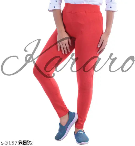 Cotton Lycra blend jeggings pack of 5, stylish and lightweight with solid patterns. KARARO women's jeans made from recycled hosiery cotton waste. Sizes available: 26, 28, 30, 32, 34, Free Size, all originating in India