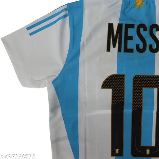 Polyester football jersey featuring Messi, Neymar, and Ronaldo of Argentina, Brazil, and Portugal. New jersey with short sleeves, available in S, M, L, XL sizes from 18" to 27" chest size