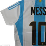 Polyester football jersey featuring Messi, Neymar, and Ronaldo of Argentina, Brazil, and Portugal. New jersey with short sleeves, available in S, M, L, XL sizes from 18" to 27" chest size