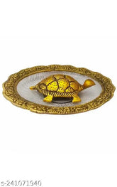 Metal tortoise in glass plate set for home decor, office, temple, and gifting - luck, love, happiness, prosperity (14x14x2 cm, India origin)
