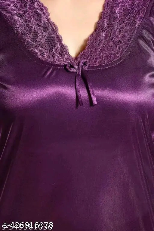 Satin 2-piece stylish nighty with patiala pants, solid net fabric, comfortable for free size (40in bust, 26in top length, 30in waist, 55in bottom length), Indian-made