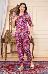 Rayon printed night suit top and pyjama coord set, India-made women's loungewear with short sleeves and rayon fabric