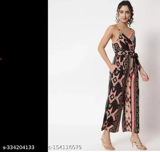 Printed crepe jumpsuit, western wear for women, size S-XL, intricate pattern on display