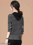 Striped cotton long sleeve women's t-shirt, stylish hooded neck from Helpom, India