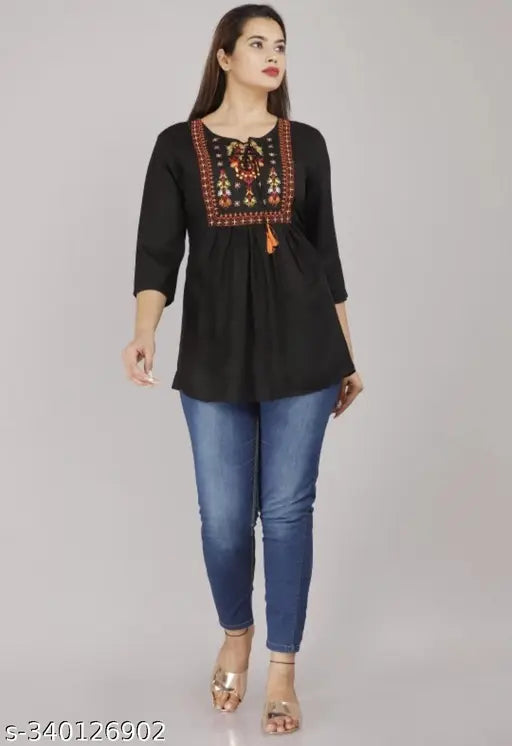 Rayon embroidered topper, three-quarter sleeves, TRENDY TOPPERS EMRODY UMA on fashion mannequin