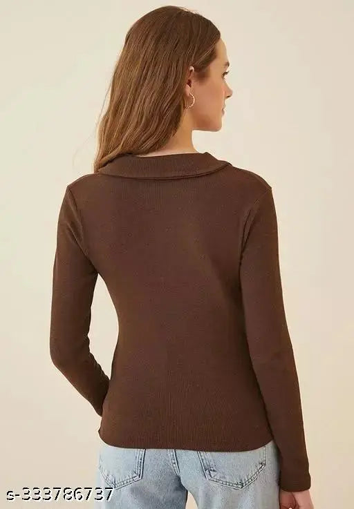 Lycra ribbed net long-sleeve collar top, classic polo neck style, XS to L sizes
