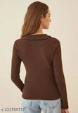 Lycra ribbed net long-sleeve collar top, classic polo neck style, XS to L sizes