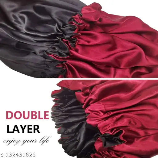Coffee Burgundy Armoxa Premium Satin Silk Hair Bonnet & Scrunches (2pc), double-layered round design for natural hair protection