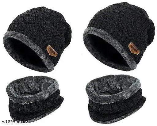 Stylish black wool beanie caps pack of 2 - unisex, ultra-soft, thermal winter cap with fleece lining for men & women