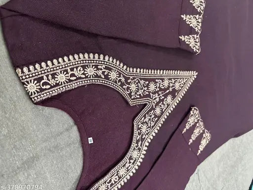 Woolen Pashmina embroidered kurti for women, three-quarter sleeves, winter wear, Kashmiri kurta, size M (Bust 38in, Length 43in)