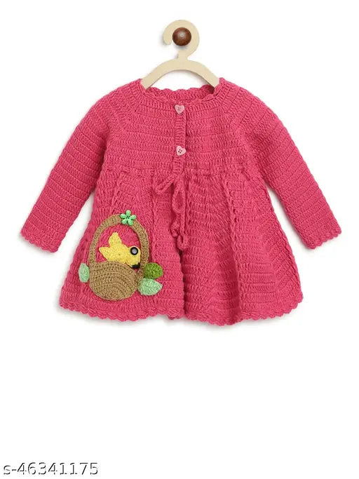 Hand-knitted 100% wool girls' dress, embroidered net, long sleeves, Indian origin