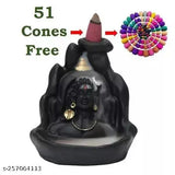 Black resin Adiyogi BackFlow smoke fountain with 51 scented cones, Indian-crafted statue on display