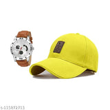 Yellow cotton baseball cap, brown leather watch (set of 2) - Accessory pack for casual style from India