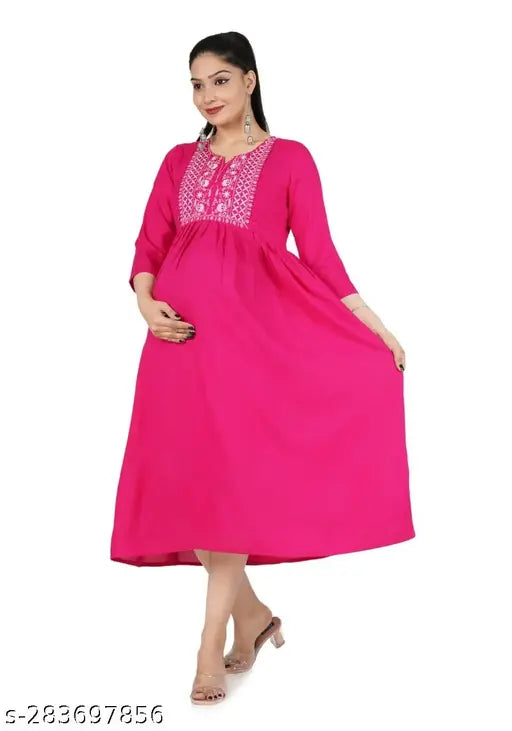 Rayon embroidered feeding kurti in solid color, traditional Indian three-quarter sleeve top