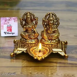 Golden brass Laxmi Ganesh with diya showpiece, 15cm high, traditional Indian decorative art