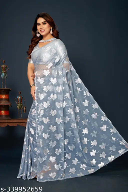 Redfish Women's Lace Lycra Saree with Unstitched Art Silk Blouse - Indian free size for casual and festive events, hand wash or machine wash separately in cold water