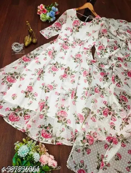 Georgette printed net women's kurti with dupatta, long sleeves, Indian fashion wear