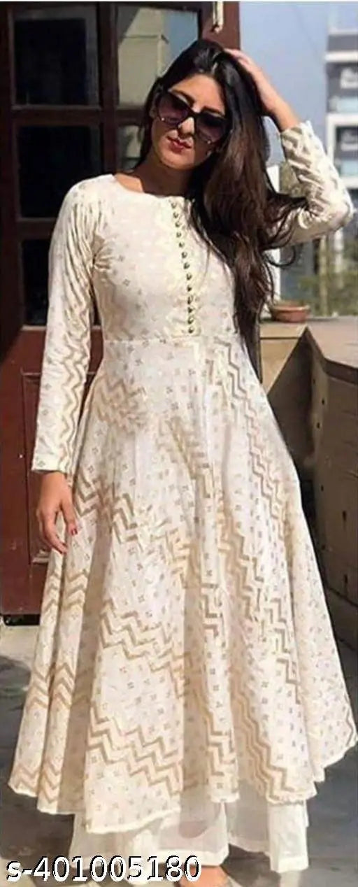 White rayon printed kurti palazzo sets for women and girls with three-quarter sleeves, Indian-style bottomwear on mannequin