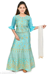 Traditional satin lehenga-choli for girls, embroidered with net dupatta, available in sizes from 2-16 years