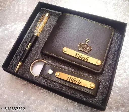 Customised men's faux leather wallet set with keychain and gold crush pen, personalised with name charm - ideal premium gift for him