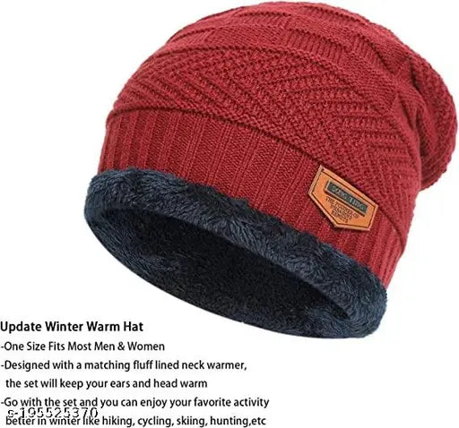 Red fur wool knitted beanie cap with neck muffler, premium universal snow proof for Men/Women