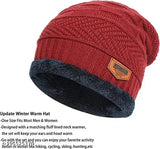 Red fur wool knitted beanie cap with neck muffler, premium universal snow proof for Men/Women