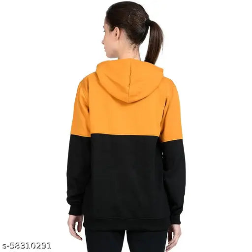 Mustard Orange & Black Cotton Blend Women's Full Sleeve Hoodie with Kangaroo Pocket - Chanda Khuba India