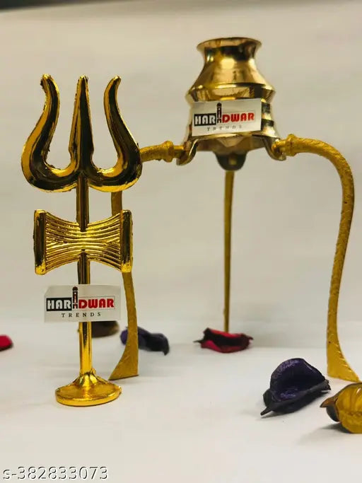 Brass Shiv trishul and lota set, decorative puja articles for Shivling jalabhishek, size 12cm with stand, Indian craftsmanship